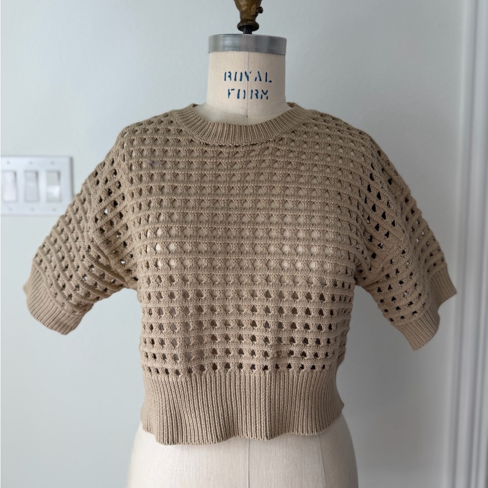 Papermoon Beige Openwork Knit Short Sleeve Sweater